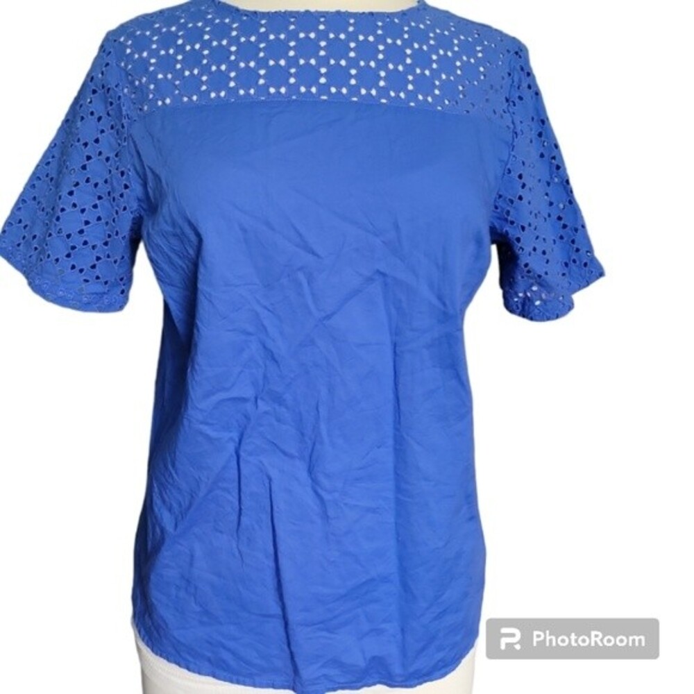 LL Bean  Blue Cotton Eyelet Trimmed Short Sleeve Shirt NWT - S